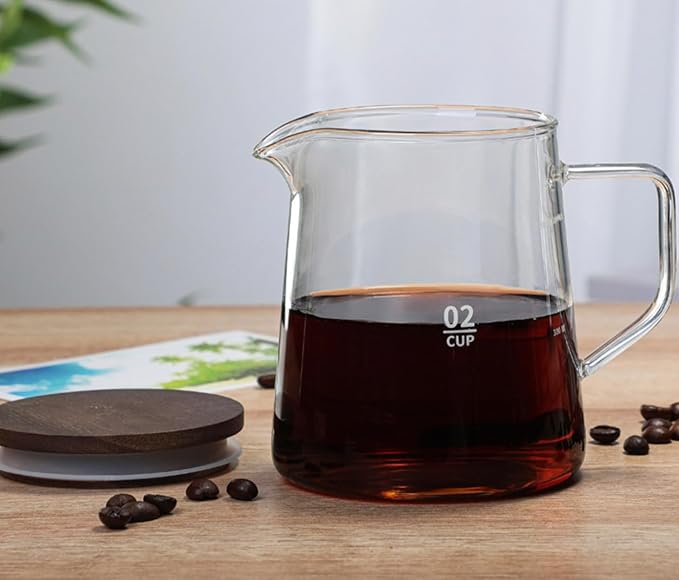 Elegant Clear Glass Creamer Coffee Milk Creamer Pitcher, Coffee Pot Serving Set with Handle and Wooden Lid-Smooth-20OZ-H