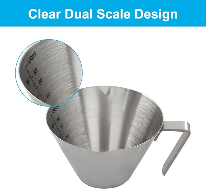 Piutouyar 2 Pcs 100 ml / 3.4 oz Stainless Steel Espresso Cups, Double Spout Espresso Measuring Cup with Handle, Dual Scale Metal Espresso Shot Cup Pouring Cup