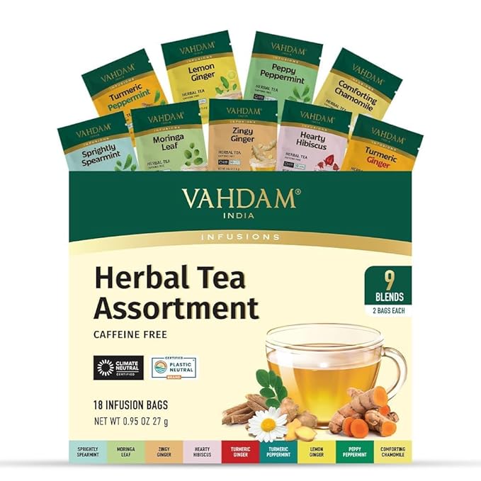 VAHDAM, Assorted Herbal Tea Sampler (18 Tea Bags, 9 Flavors) Caffeine-Free, Non-GMO | Double Infusion, Individually Enveloped Tea Bags | Herbal Tea Assortment | Valentines Day Gifts for Him & Her