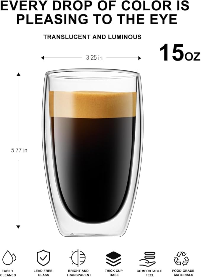 LUXU 16 Oz Double Walled Glass Coffee Mugs, 4-Pack Premium Coffee Cups, Double Wall Insulated, Perfect for Cappuccino, Espresso, Hot Beverage