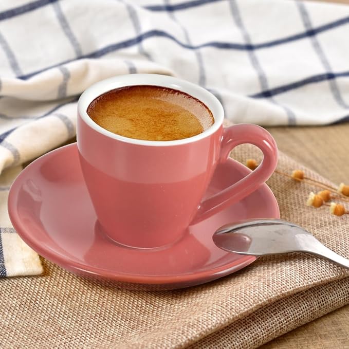ionEgg Porcelain Espresso Cup with Saucer And Stainless Steel mini Spoons, Espresso shot Cup, 80ml/2.7Oz, Pack of 2, Pink