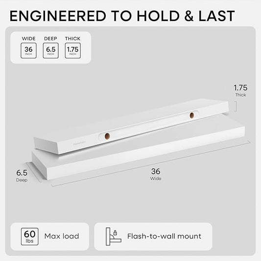 Homeforia White Floating Shelves 36 inch, High End Solid Real Wood 36inch Floating Shelf for Wall Mounted, White Wooden 36in Long Floating Shelves, Heavy Duty Bracket, 36 X 6.5 X 1.75 inches, Set of 2