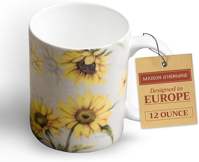 Maison d' Hermine Coffee Mug with Handles Fine Bone China Mugs Pack of One Tea Cups for Hot Beverages Cappuccino Latte Home Restaurant Office Perfect for Gift (Candice - Tournesol, 12 Ounce)