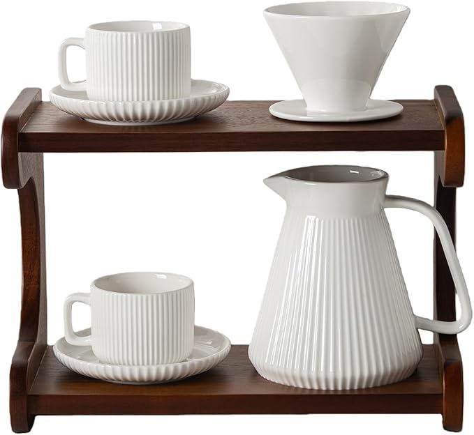 22OZ Pour Over Coffee Maker Set with Acacia Wood Stand and 5oz Cups&Saucers Set of 2, Ceramic White Cream V60 Pour Over Coffee Dripper Set for Home Café Restaurant Camping