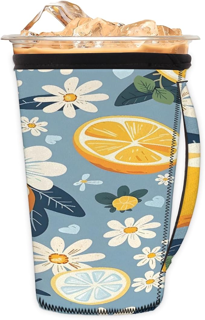 Reusable Iced Coffee Cup Sleeve Daisy Lemon Neoprene Insulated Sleeves Cup Holder with handle Idea for 30oz - 32oz