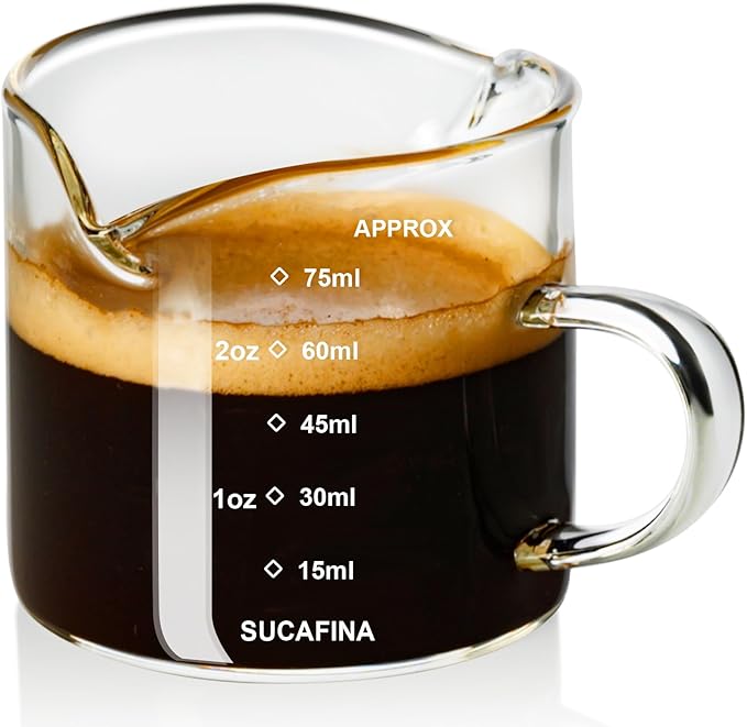 PARACITY Espresso Cup with Handle, 2.5 OZ Double Spout Clear Glass Measuring Cup with Dual Scale, Espresso Shot Glass with V-Shaped Mouth, Espresso Accessories