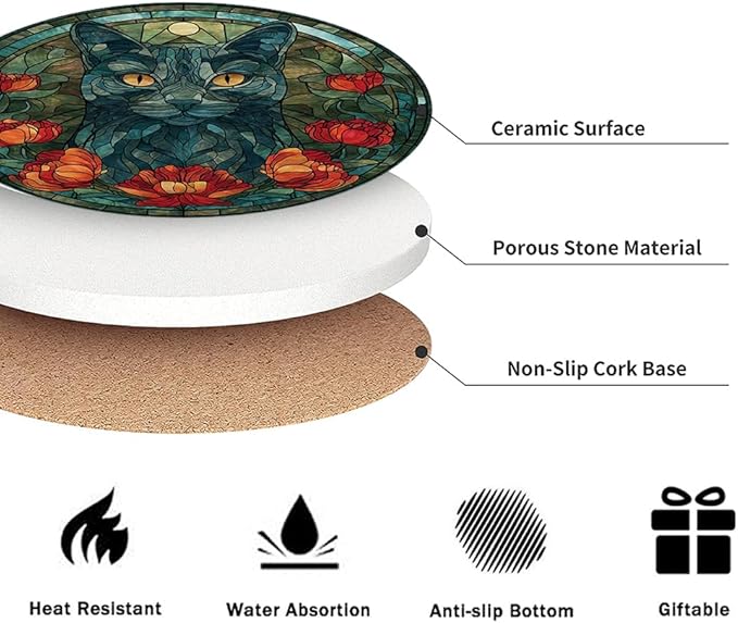 LOKMU Coasters for Drinks,Round Absorbent Ceramic Stone Coaster Sets of 6 with Metal Holder Stand,Stained Glass Cat and Flowers Coasters with Cork Base for Coffee Wooden Table,Housewarming Gifts