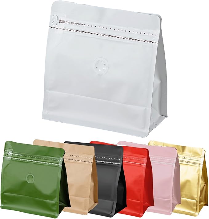 50 Pcs 0.5lb White Sqaure Coffee Bean Bags with Valve, Easy Tear Open & Repeating Sealed Zipper, Heat-Seal Stand Up & Flat Bottom Coffee Bag, 8oz Capacity 7.6.1x6.5 Inch