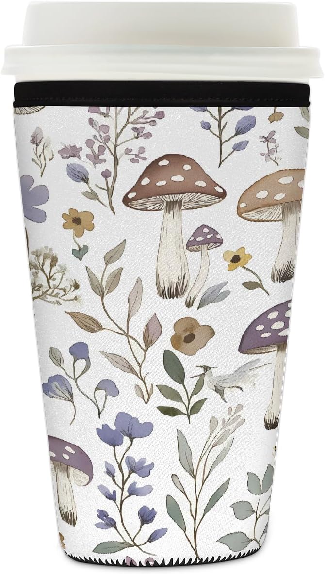 Wildflowers Mushroom Iced Coffee Sleeve for Cold Drink Cups, Reusable Neoprene Insulated Drink Sleeves Cup Cover for Beverages, Fits 32 oz
