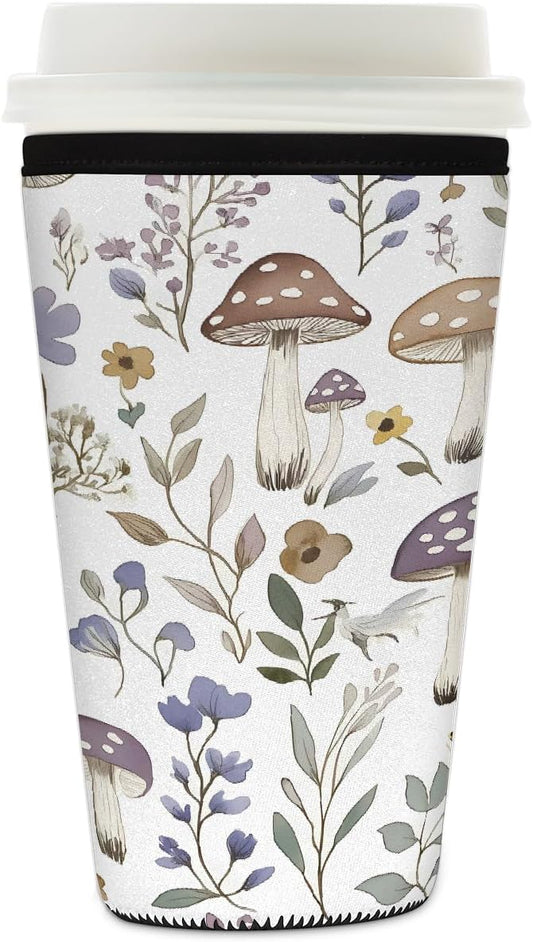 Wildflowers Mushroom Iced Coffee Sleeve for Cold Drink Cups, Reusable Neoprene Insulated Drink Sleeves Cup Cover for Beverages, Fits 32 oz