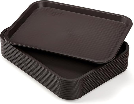 Yarlung 12 Pack Plastic Fast Food Trays, 13.7 x 10.5 Inch Rectangular Cafeteria Trays Restaurant Serving Tray for Coffee Table, Kitchen, Party, Brown