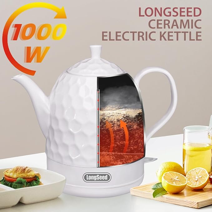 Ceramic Electric Kettle 1 Quarts, 1000W Hot Water Boiler, Automatic Shut-off, BPA-Free, Teapot Rapid Boil For Coffee & Tea, Boil-Dry Protection, White Gooseneck