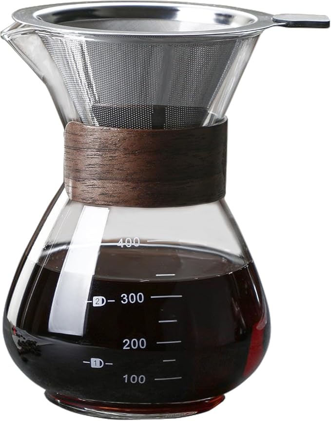 BeeCa Single-Serve Coffee Essential, Pour Over Coffee Maker Set, Reusable Stainless Steel Filter + Heat-Resistant Glass Carafe, Stylish Wood Collar, 1-2 Cup Portable & Easy Clean