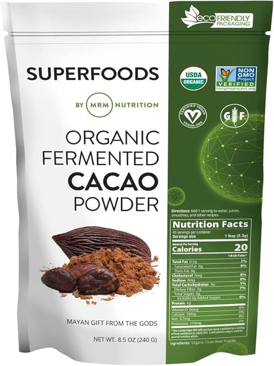 MRM Nutrition Organic Fermented Cacao Powder - Premium Superfood Powder from Peruvian Cacao Beans, Antioxidant Rich, Flavonoids, Unsweetened, Vegan, Gluten Free, non-GMO - 43 Servings
