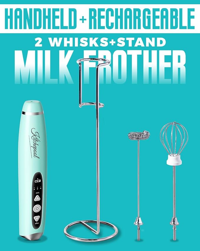 Rechargeable Milk Frother Wand with Stand for Coffee, Electric Whisk with 3 Speed Adjustable, Drink Mixer Handheld for Lattes, Cappuccino, Hot Chocolate, Egg, Light Green