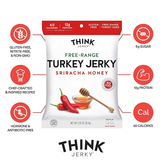 Think Jerky Sriracha Honey Turkey Jerky, High Protein Free-Range Turkey, Gluten Free, No Antibiotics or Nitrates, Healthy Chef Crafted Recipe, Low Calorie and Low Fat - 1.0 oz Bags, 12 Pack