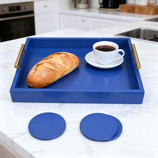 Serving Tray 16.5“X 13“Deluxe Wooden Ottoman Tray for Coffee Table with Polished Goldr Metal Handles and 4 Coasters, Living Room Bathroom Coffee Bar Organizer Modern Decorative Blue