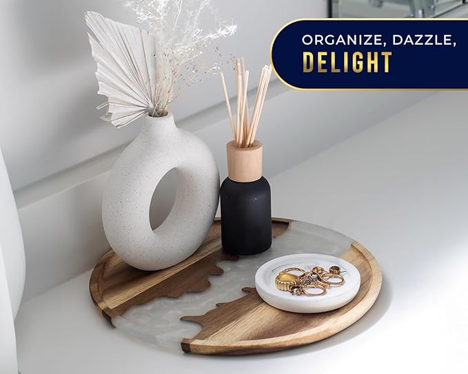 Comfify Visually Stunning Pearl White Resin + Acacia Wood Serving Tray - Modern Round 12" Serving Tray for Food, Breakfast in Bed, Coffee Table, Decor, Organization, Snacks, Patio, Lap Tray