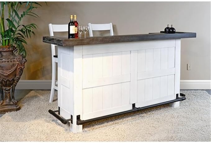 Pemberly Row 78" Farmhouse Wood Bar Unit with Foot Rail, Adjustable Shelves, Removable Wine Rack, Stemware Storage, in Espresso Finish