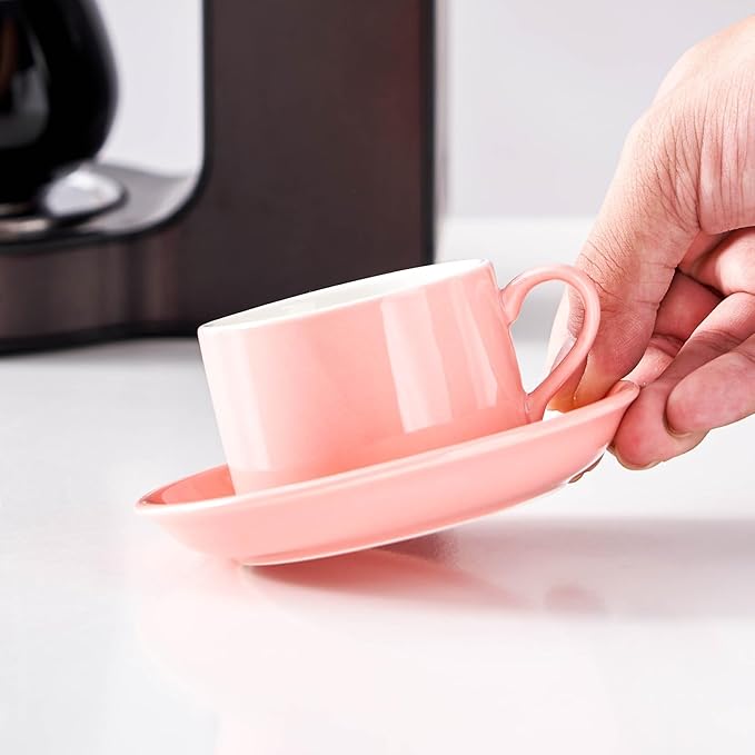 Meichu 2.5oz Porcelain Stackable Espresso Cups with Saucers and Metal Stand Set of 4, Stackable Espresso Cups Set of 4, Pink Expresso Shots Cup Set for Cappuccino, Coffee Drinks, Latte, Tea