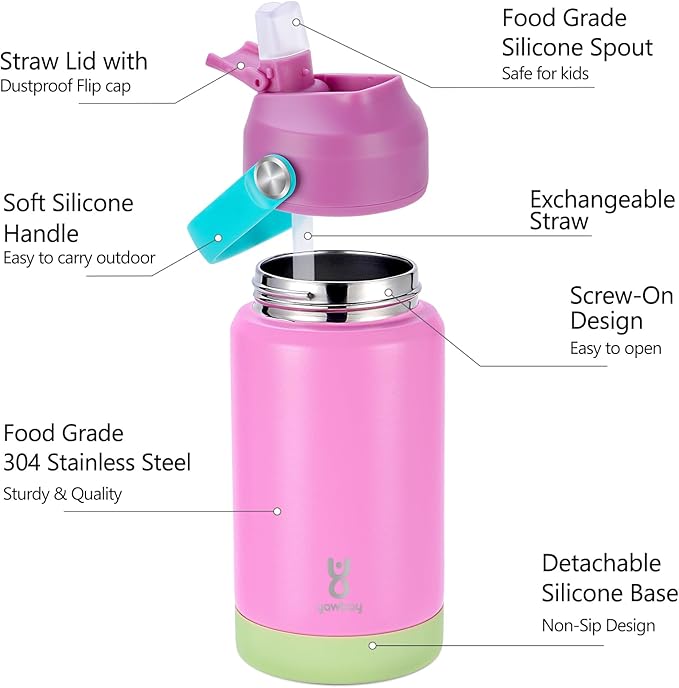 2-Pack Kids Water Bottle for School 12 oz,Stainless Steel Insulated Water Bottles,Pink Water Bottles for Toddler Girls Boys with Straw Lids & Handle