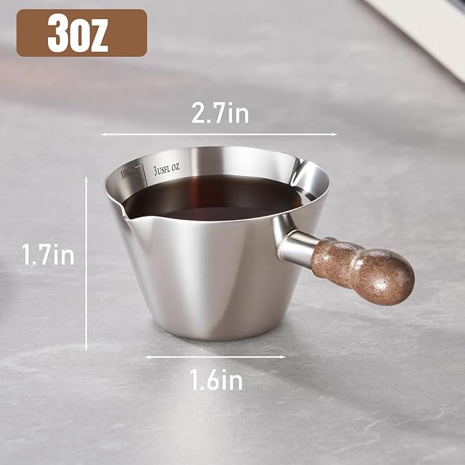 Stainless Steel Espresso Cups Set of 2, 3 OZ Double Spout Glass Measuring Cup with Handle, Milk Frothing Pitcher with Spout & Scale, Espresso Accessories for Coffee, Latte Art and Kitchen Use