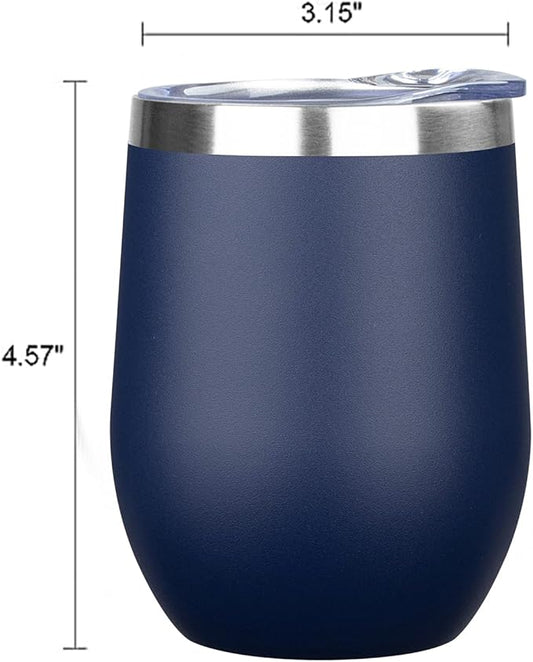 MEZMUT 12 Oz Insulated Wine Tumbler with Lid Double Wall Vacuum Stainless Steel Wine Glass Coffee Mug Insulated Tumbler Cup for Champaign, Cocktail, Beer (Navy, 4 Pack)