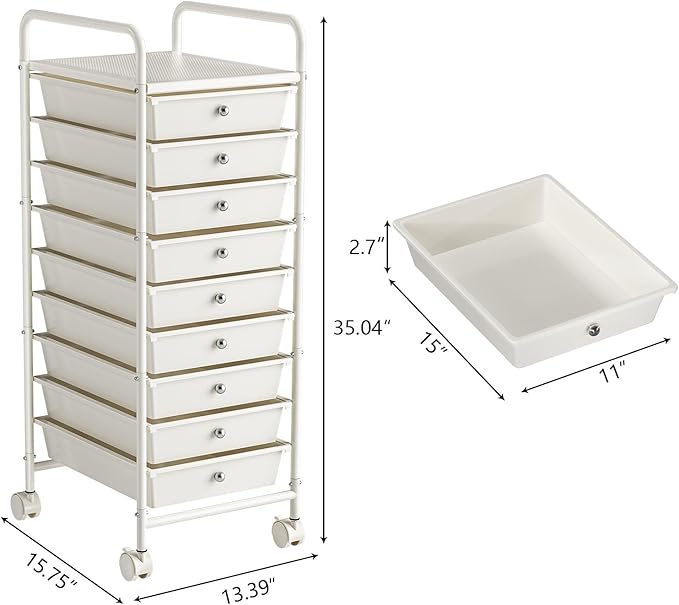 9-Tier Utility Cart with 9 Drawers, Rolling Utility Cart with 2 Lockable Caster Wheels, Multipurpose Mobile Rolling Storage Drawer Cart for Office Bathroom Kitchen, Ivory White