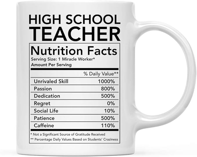 Andaz Press Funny 11oz. Ceramic Coffee Tea Mug Thank You Gift, High School Teacher Nutritional Facts, 1-Pack, Novelty Gag Birthday Christmas Gift Ideas Coworker