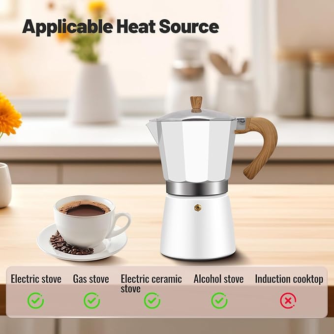 Vaolvpant 6 Cup Aluminum Moka Pot Classic Stovetop Espresso Coffee Maker 300ml 10oz Coffeemaker Percolator Mocha Express Preferred Cafe Makers for Italian and Cuban Café Brewing White