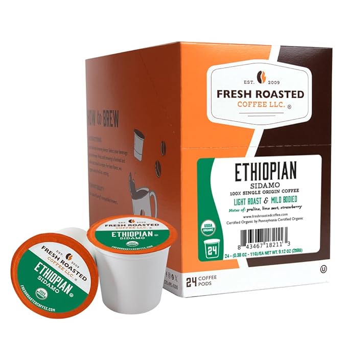 Fresh Roasted Coffee, Organic Ethiopian Sidamo Natural | USDA Organic, 100% Single Origin, Kosher | Light Roast 24 Pods for K Cup Brewers