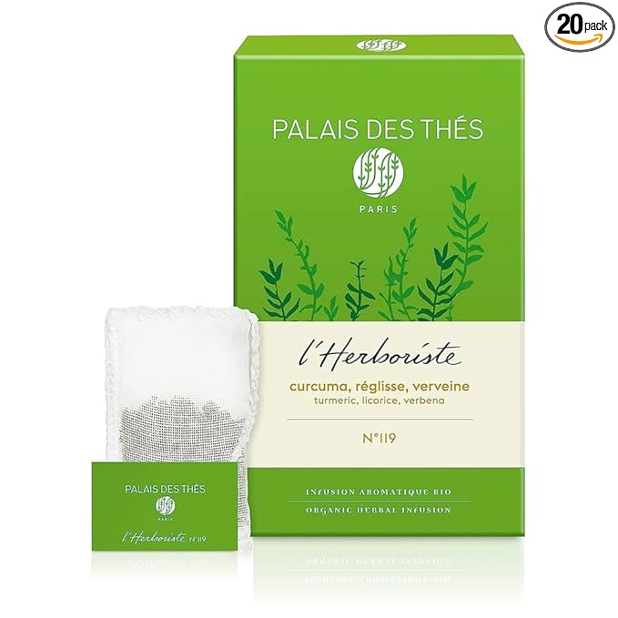 Palais des Thés Caffeine-Free Tea - L'Herboriste N°119 Organic Digestion Herbal Tea Blend Turmeric, Licorice & Verbena - Premium Tea Bags, Serves 20 Cups