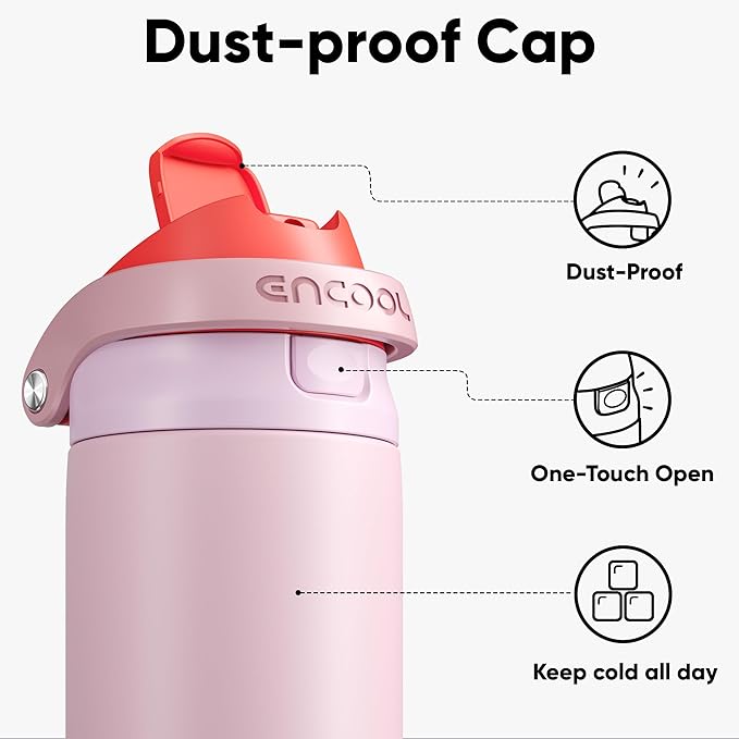 ENCOOL Leakproof Insulated Water Bottle with Straw Dual-Sip Water Bottle Bag-Safe Design for Work, Commute & Gym – Keeps Drinks Cold All Day, 24 oz, Lychee Pink