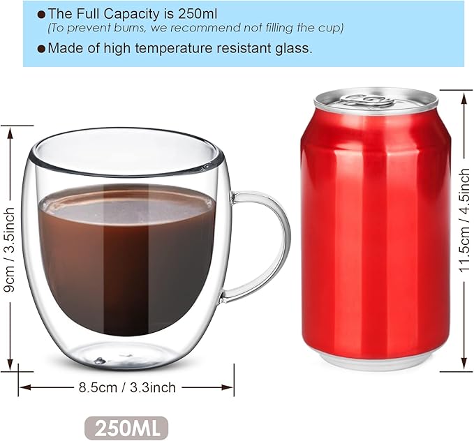 8oz Double Walled Glass Coffee Mugs with Handle, Clear Cappuccino Glass Mug Set of 4, Insulated Layer Coffee Cups, Clear Borosilicate Glass Mugs, Glasses Espresso Mugs for Coffee