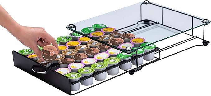 ZCDCP K Cup Holder Drawer Storage,with Crystal Tempered Glass Top,Compatible with K-Cups,Office Kitchen Counter Organizer,(42 pods)