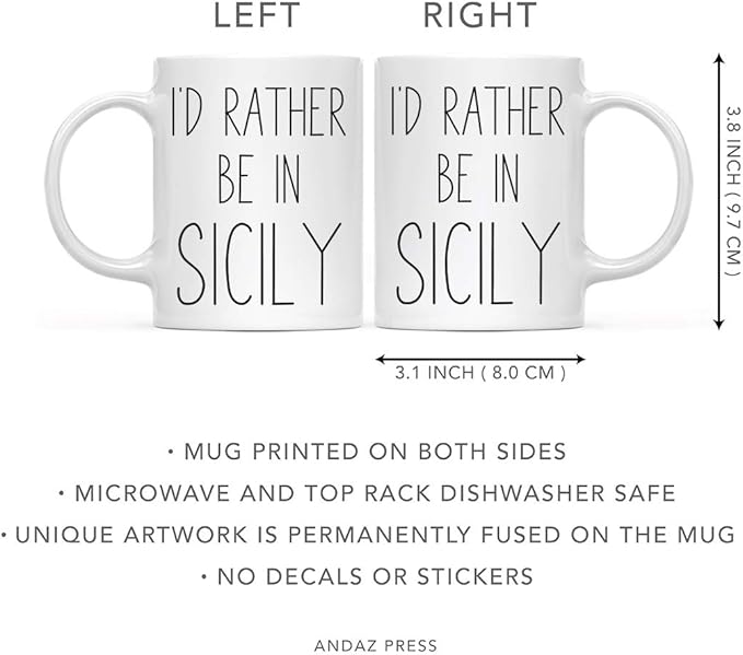 Andaz Press World Country Adventure 11oz. Coffee Mug Gift, I'd Rather Be in Sicily, 1-Pack, Summer Vacation Long Distance College Going Away Study Abroad Birthday Christmas Gifts