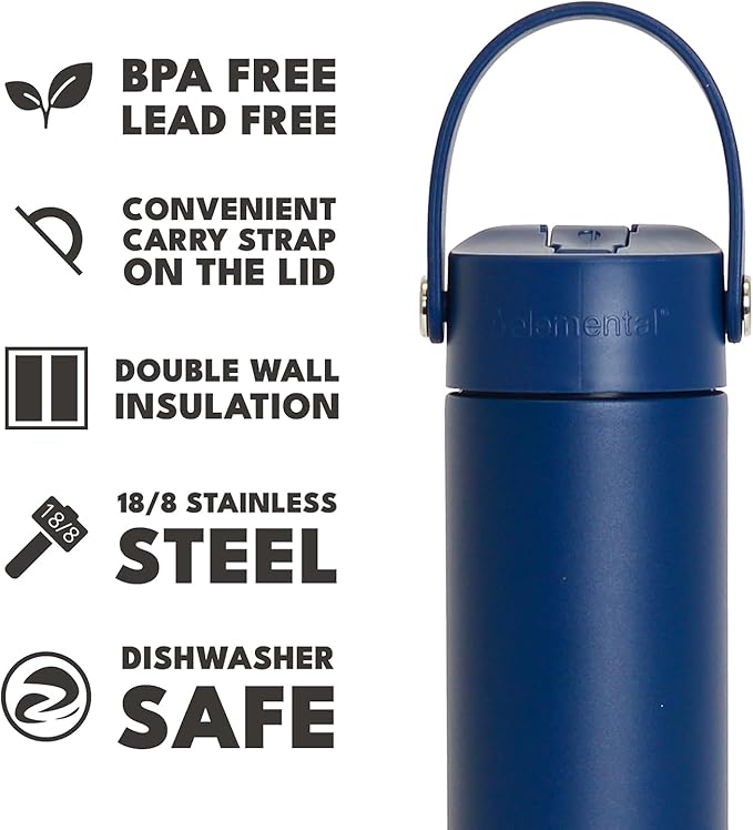 Elemental 24oz Insulated Water Bottle with Straw - 100% Leak-Proof Stainless Steel Core Water Bottles for Travel, Sports and Gym - Double Wall Insulation & BPA Free - Navy