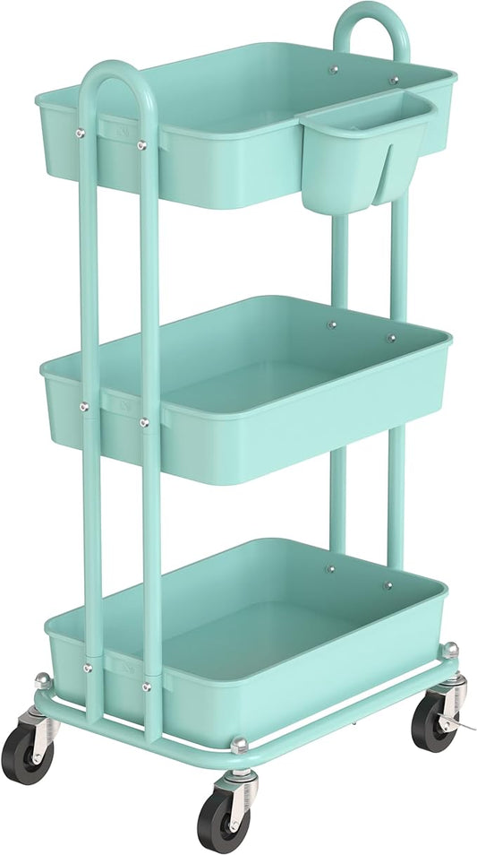 Simple Houseware 3-Tier Multifunctional Rolling Utility Cart with Hanging Bucket, Turquoise