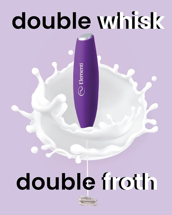 Elementi Milk Frother Wand with Double Whisk - Coffee Frother Electric Stirrer - Matcha Whisk & Drink Mixer Handheld - Hand Held Electric for Coffee (Purple)