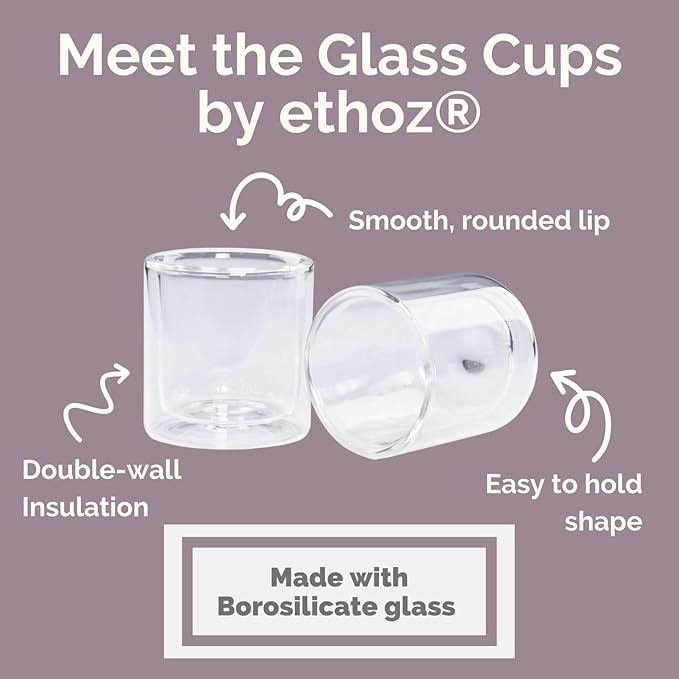 Ethoz® Double Walled Glass Tumblers – Insulated Borosilicate Cups, 8 fl.oz (Set of 2), Ideal for Coffee, Tea, Whiskey, Matcha | Elegant & Durable Design, Perfect for Holiday Gifts!