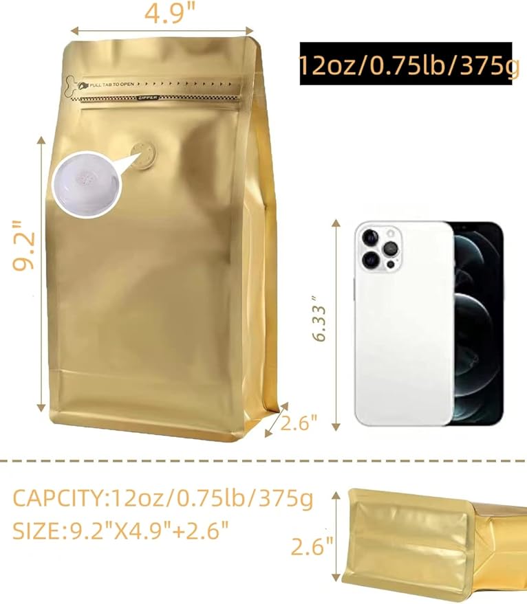 Coffee Bags with Valve(12 oz,3/4 lb,50pcs) Gold High Barrier Aluminum Foil Flat Bottom Heat Sealed Coffee Beans Packaging Bags Side Zipper Resealable for Home or Business