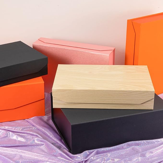 Orange Gift Box with Lid 12x8x2.5 Inches, Shirt Gift Box for Wrapping, Magnetic Gift Box Bulk for Present （Orange Peel Grain;1Pcs）