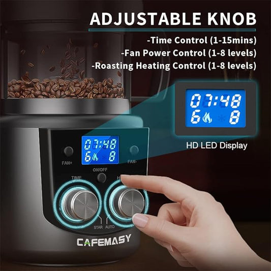 CAFEMASY Coffee Bean Roaster Machine - Home Use Air Coffee Roaster with Adjustable Timer Roasting Heating and Air Fan Setting