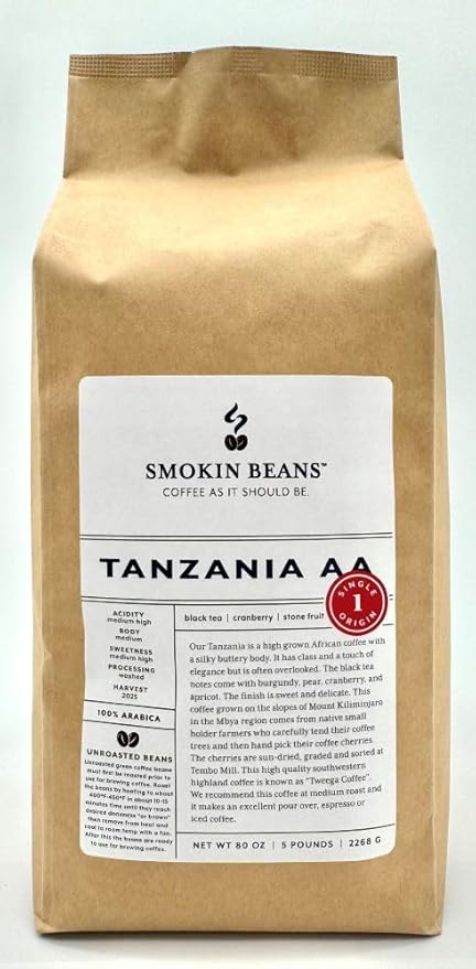 5-Pound Tanzania Aa, Unroasted Green Arabica Coffee Beans, Fresh Current Crop Specialty Grade, Roast the Beans Yourself at Home on Your Roasting Equipment Prior to Using for Brewing Coffee