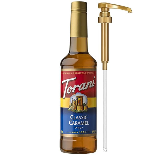 Torani Coffee Syrup, Classic Caramel Flavored Syrup for Drinks, Pump Included, 25.4 Fl Oz