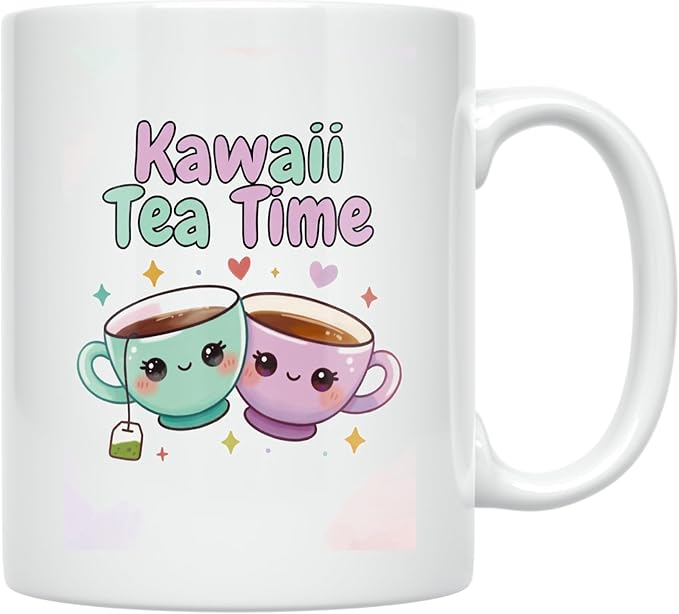 Kawaii Tea Time Clinking Cups - Beverage Lover - 11 oz White Ceramic Coffee Mug - Cute Aesthetic