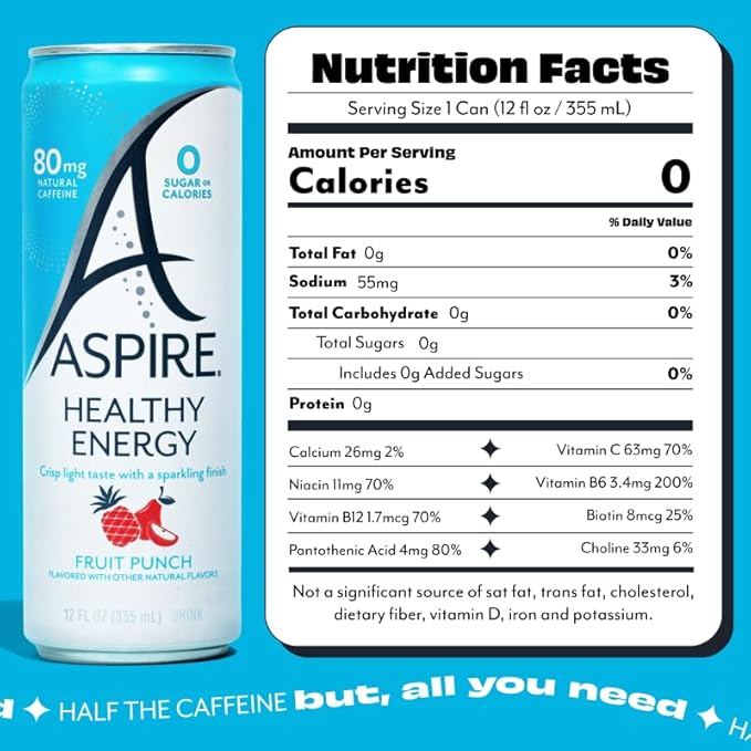 ASPIRE® Fruit Punch, Healthy Energy Drink 80mg Natural Caffeine, Zero Sugar No Carbs Keto Friendly, 24 Pack Green Tea Sugar Free Drink Low Caffeine Zero Calorie