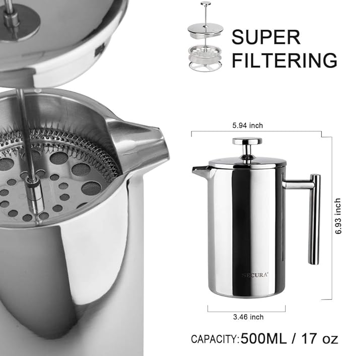Secura French Press Coffee Maker, 304 Grade Stainless Steel Insulated Coffee Press with 2 Extra Screens, 17oz (0.5 Litre), Silver