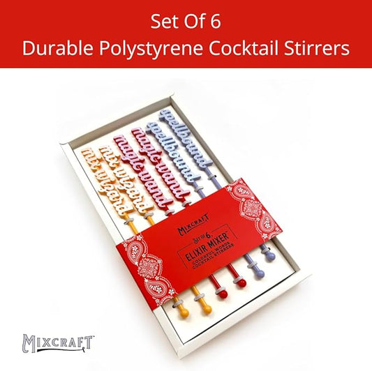 Elixir Mixer Cocktail Stirrers, Drink Stirring Swizzle Sticks, Colorful Words, Set of 6