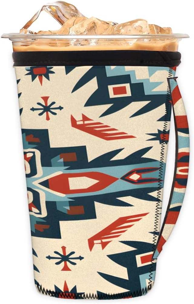 Reusable Iced Coffee Cup Sleeve Aztec Western Neoprene Insulated Sleeves Cup Holder with handle Idea for 24oz - 28oz